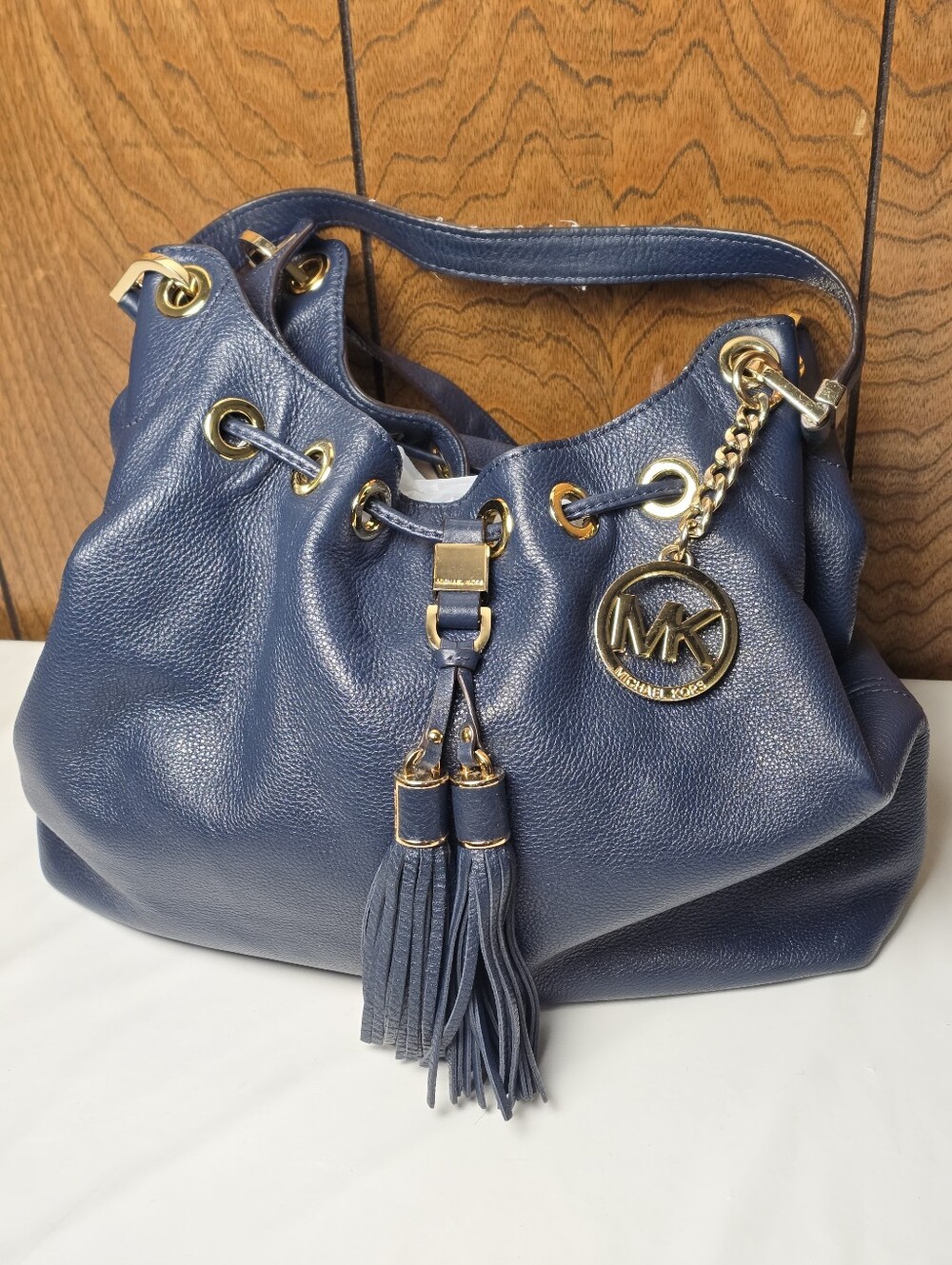 Michael Kors Navy Leather Tassel Shoulder Bag